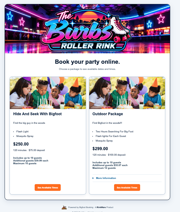 Bigfoot Party Booking party package selection screen
